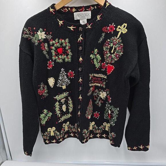 Casual Corner Ugly Christmas Embroidered Beaded Button Up Cardigan Sweater PS - Picture 3 of 16